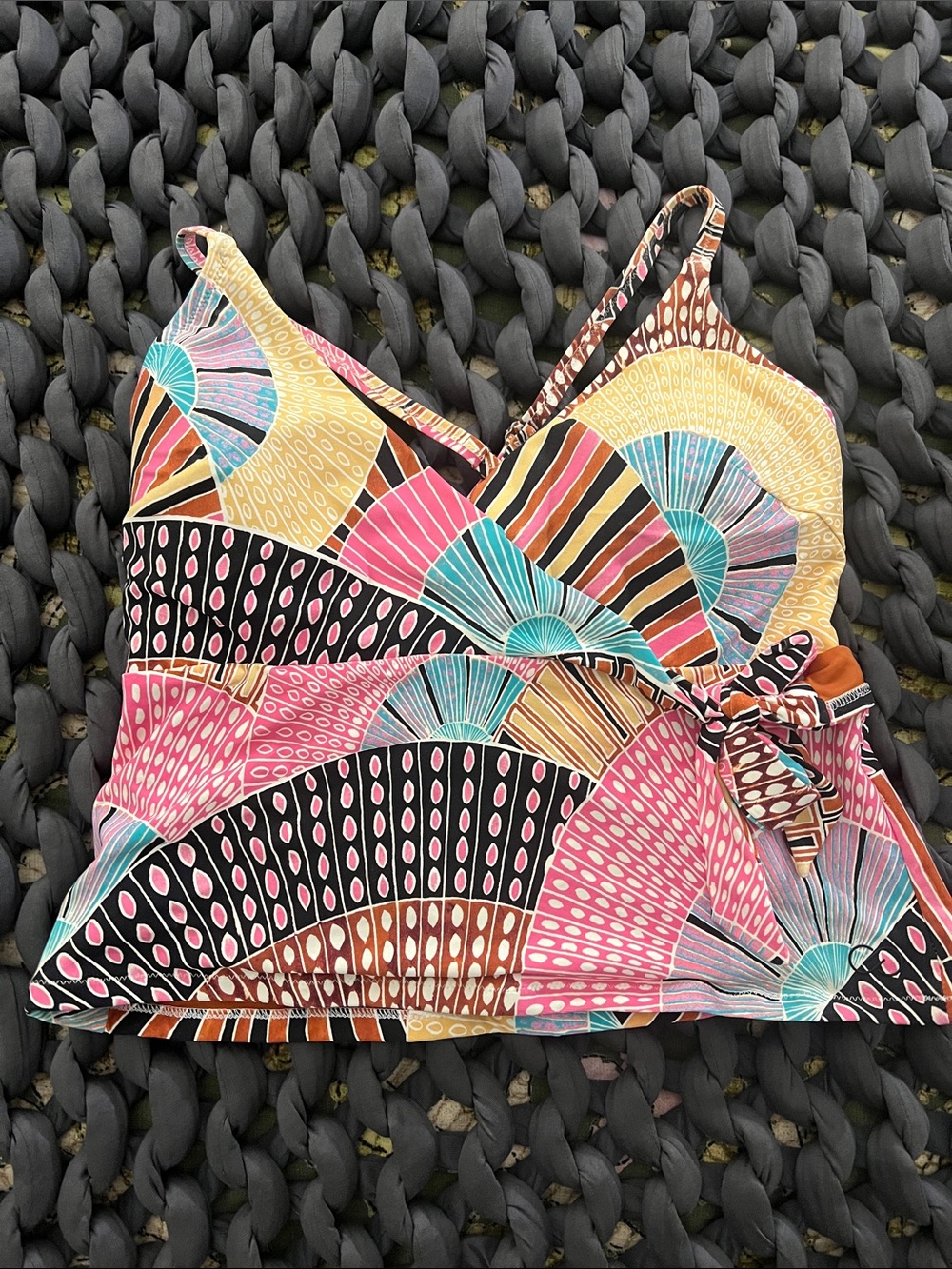 Calia Fan-Print Wrap Tankini Top - Pink/Turquoise/Black